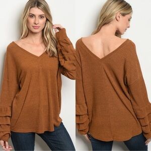 🍁New Fall🍁 Camel Tiered Bell Sleeve Ribbed V Neck Top